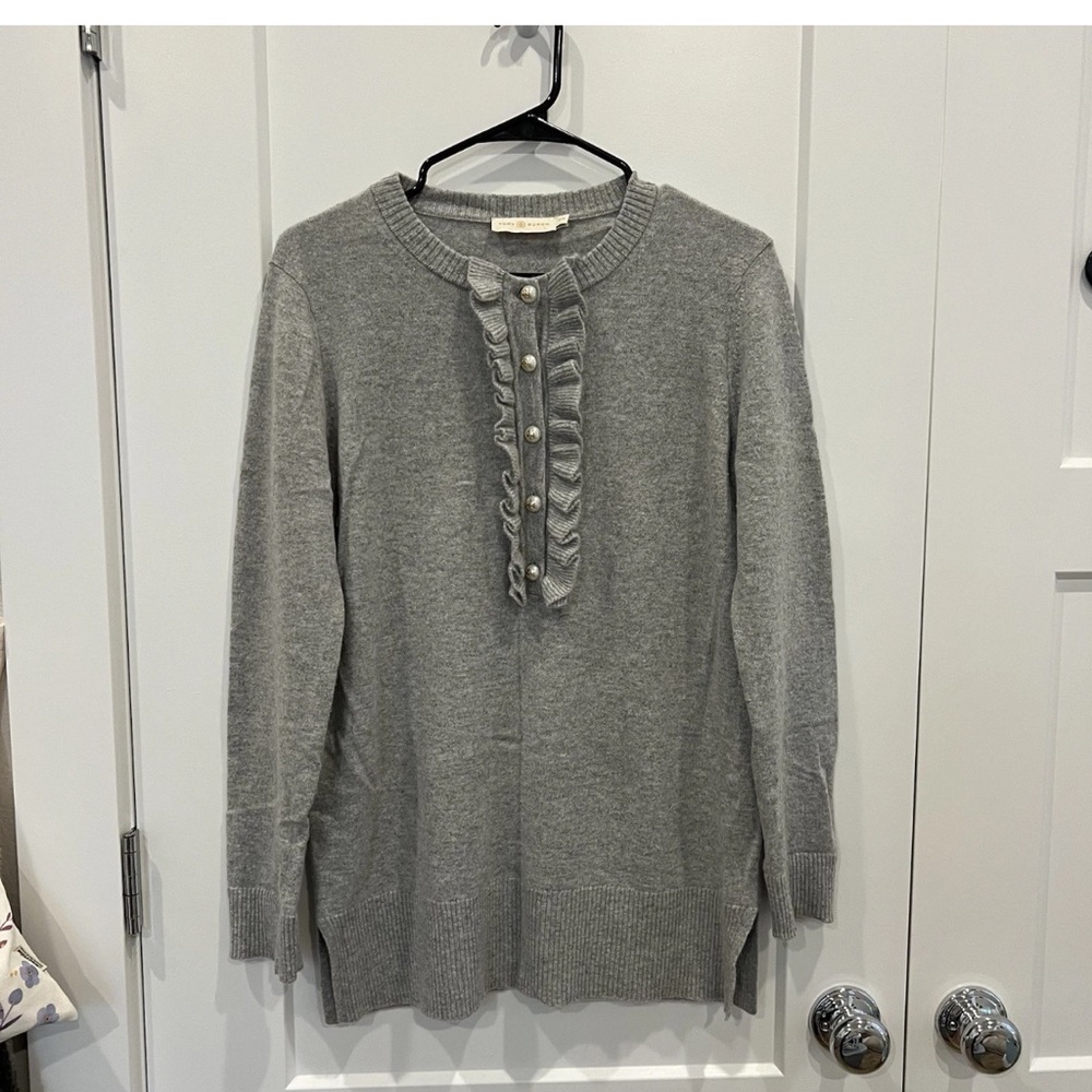 Tory Burch Gray Cashmere Emily Sweater Ruffled Front Pearl Buttons Medium